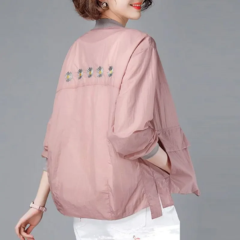 Spring Summe Thin Fashion Daisy Embroidery Coats Casual Loose All-match Women's Clothing Pockets Patchwork Zipper Jackets B395