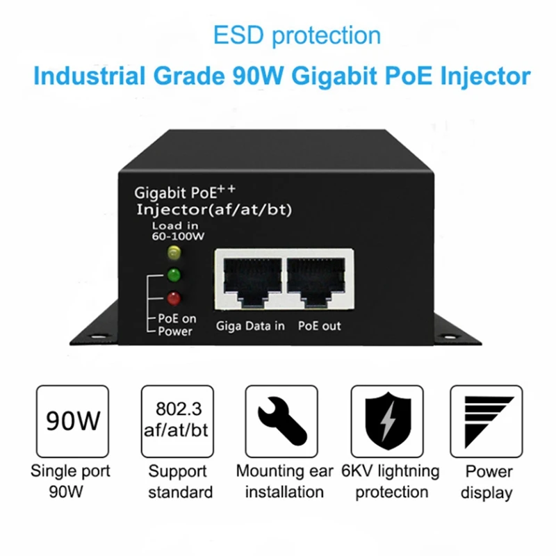 90W Hi-Power Gigabit POE ++ Injector (Af/At/Bt) แหล่งจ่ายไฟ POE สําหรับกล้อง IP AP