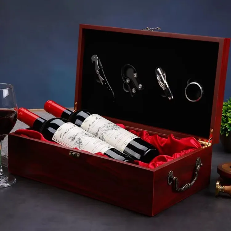 Elegant Double Red Wine Wooden Storage Boxes HighEnd Handle Design for Business Gifts Home Bottle Collection Decorative