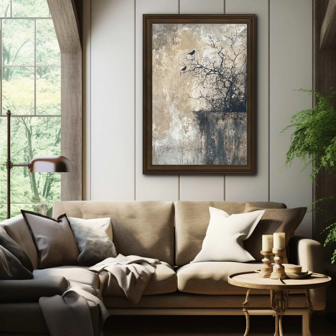 Tranquil Wabi-Sabi Bird Wall Art - Impasto Print of a Peaceful Nature Scene, Blending Rough Textured Layers with Delicate Bird S view 4