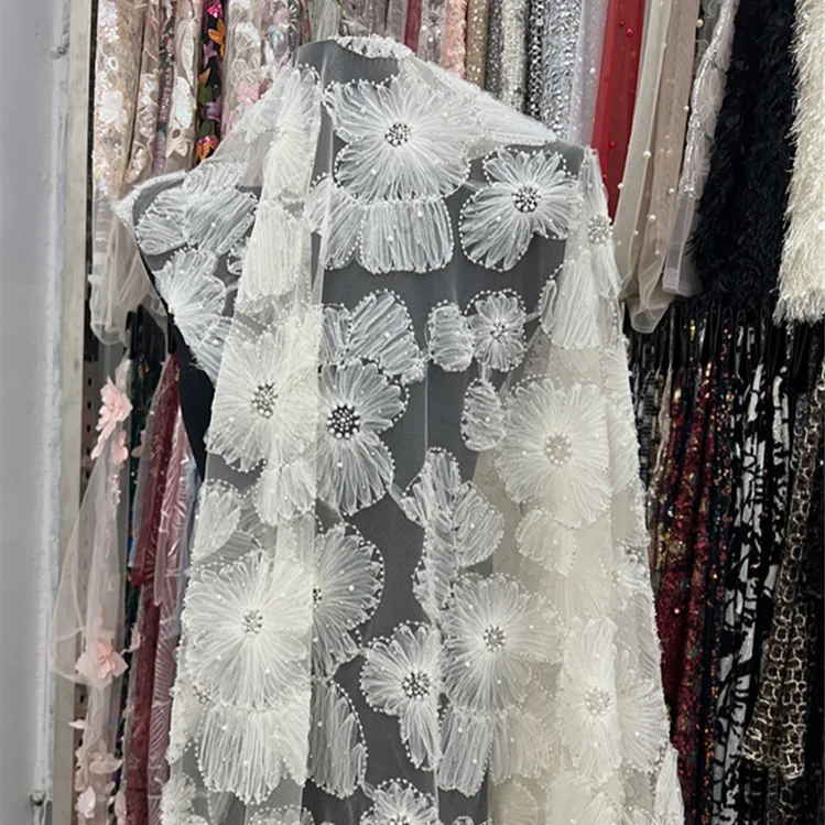 130cm Wide Hot-Selling Heavy-Duty 3D Beaded Embroidered Fabric Coiled Flower Sequins for Women's Dresses & Bridal Gowns