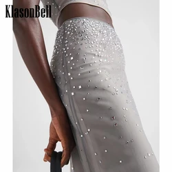 6.12KlasonBell-Women's Elegant High Waist A-Line Skirt, Bling Diamonds Mesh Skirt, Simple All-match,