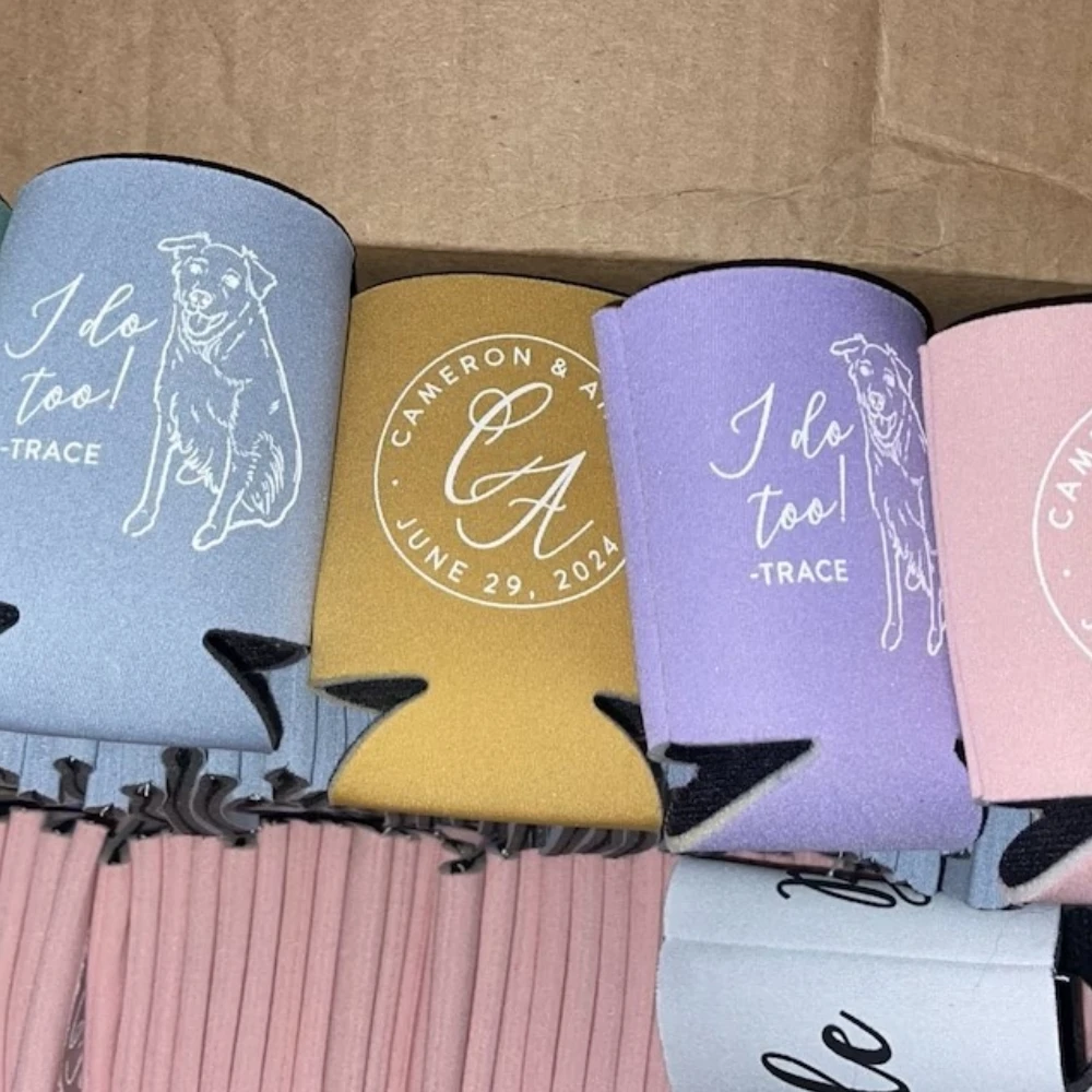 Custom Dog Wedding Can Cooler, Pet Illustration, Monogram, Wedding Favors, Beverage Holder, Can Holder, Dog Lover, Insulator