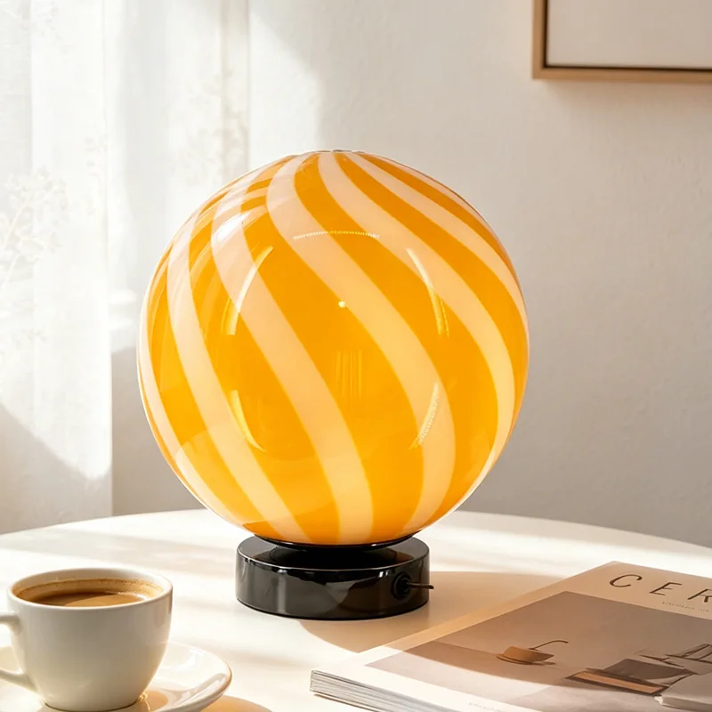 Dopamine Round Candy Led Lights Fixture Stripe Glass Ball Bedroom Beside Lamps Living Room Decor Modern Creative Indoor Lighting