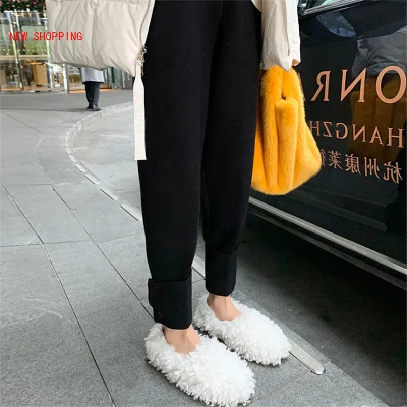 

2021 Autumn Winter Women Pants Knitting High Waist Wide Leg Pockets Ankle-Length Harem Lady Warm Trousers Knitwear Blue Grey New