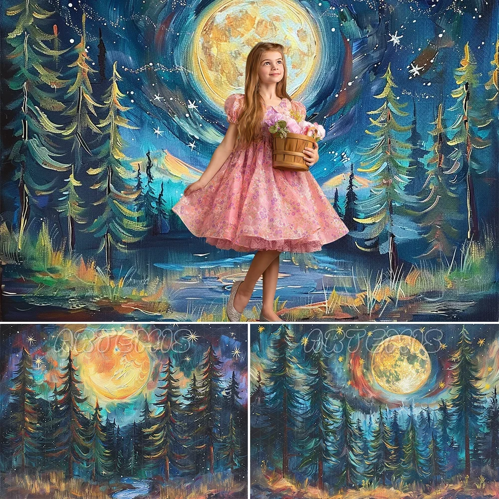 

Christmas Photography Backdrop Painting Pine Trees Full Moon Sky Stars Cottage Core Decoration Background Photo Studio Photocall