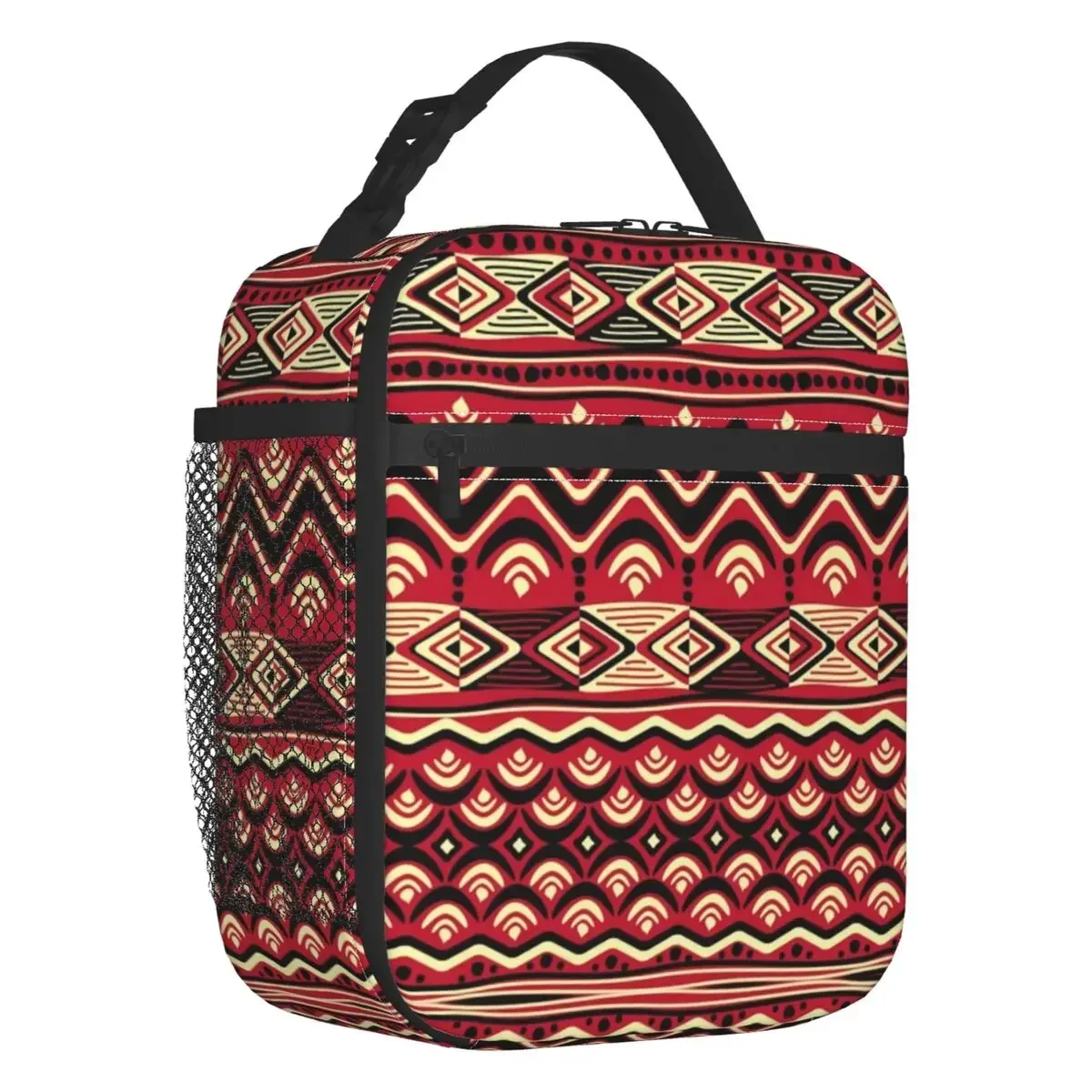 Maroon African Ankara Insulated Lunch Bag for Women Africa Geometric Reusable Thermal Cooler Food Lunch Box Kids School Children