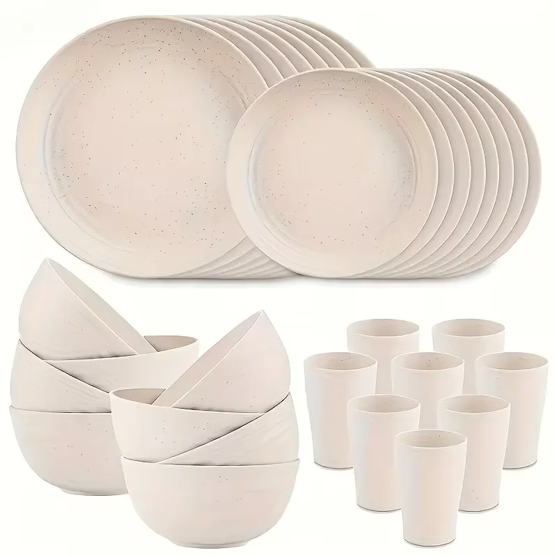 Services de table de 32/16 pièces, comprenant des assiettes et des bols pour 8 personnes, avec des articles de table en plastique noir adaptés au micro-ondes et au lave-vaisselle. Cet ensemble de vaisselle est parfait pour la Saint-Valentin et constitue une table de fête durable.