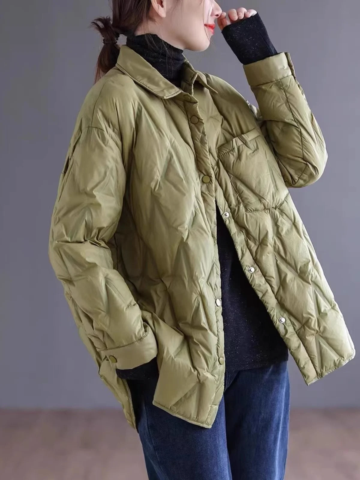 

Slimming Large Size Women's Cotton Padded irt Jaet Lightweight Loose Fit Faionable Commute Sle Long Sve Collar