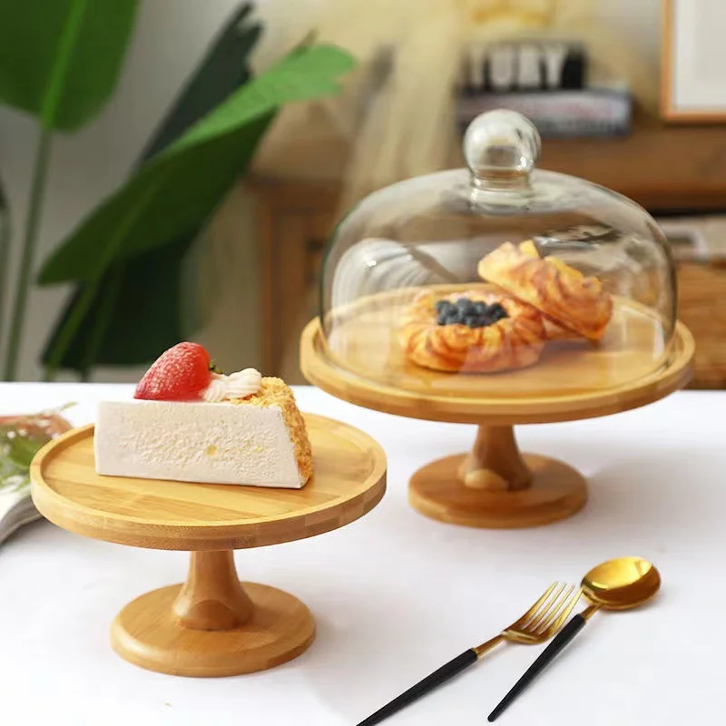 8/9/10/11.5 inch Wooden Tray High Foot Cake Table with Glass Lid European Fruit Plate Cake Stand Dessert Table Cake Decoration