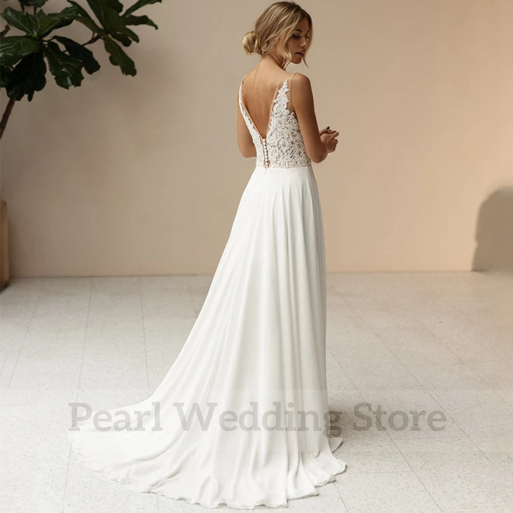 Classic V-Neck Sleeveless Wedding Dress Tulle Applique and Chiffon A-Line Bride High Side Slit Floor Length Backless Gown