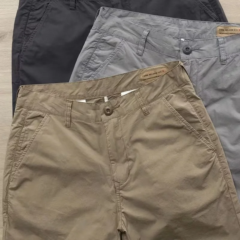 กางเกงผ้าฝ้ายลำลองสำหรับบุรุษชุดทำงานบาง ๆ ในฤดูร้อนหลวมขนาดใหญ่กางเกงขายาวทรงตรงขนาดเล็กสวมใส่ทนทานน้ำหนักเบาสบาย