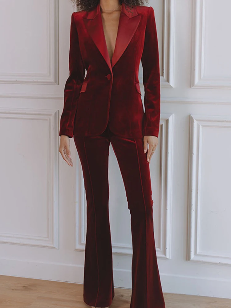 Elegant Commute Women's Solid Color Outfits Autumn Winter New Slim Two Piece Fashion Lapel Velvet Long Sleeve Blazer&Pants Sets