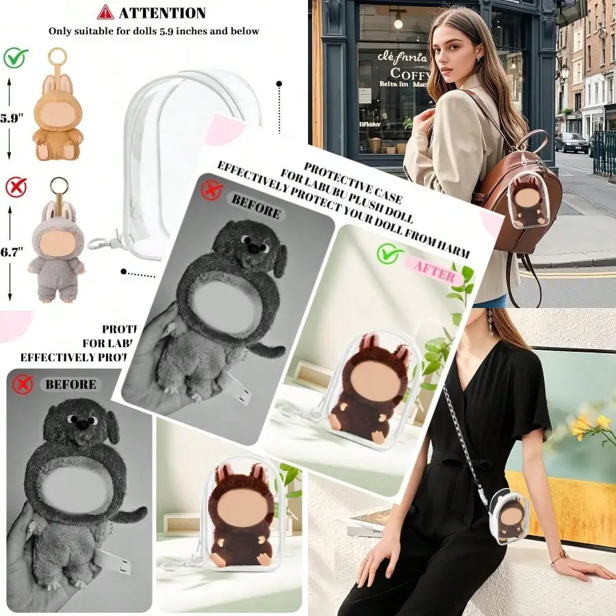 

Case For Plush Doll Clear Hanging Display Cases Crossbody Doll Storage Bag PVC Storage Case Cover For Figures Dolls White