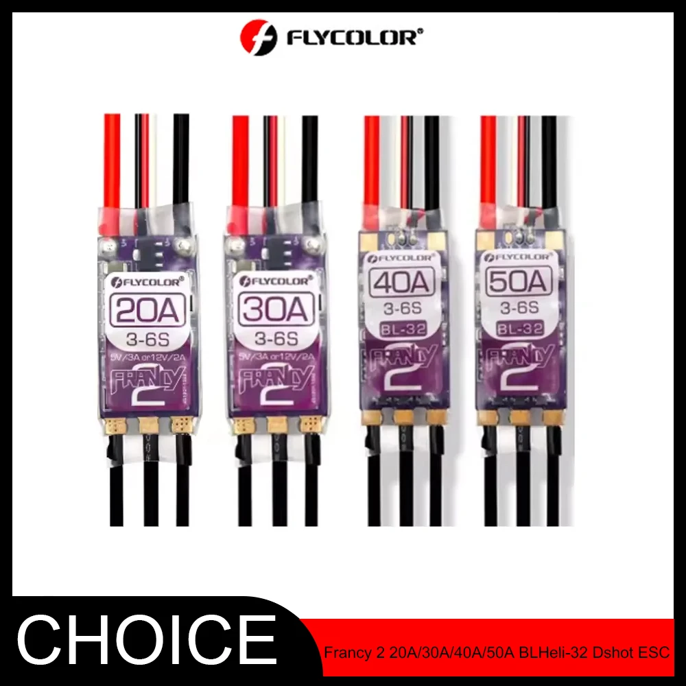 

FLYCOLOR Francy 2 20A/30A/40A/50A BLHeli-32 Dshot ESC – High-Performance MCU | 5V/3A+12V/2A Adjustable BEC for RC Airplanes