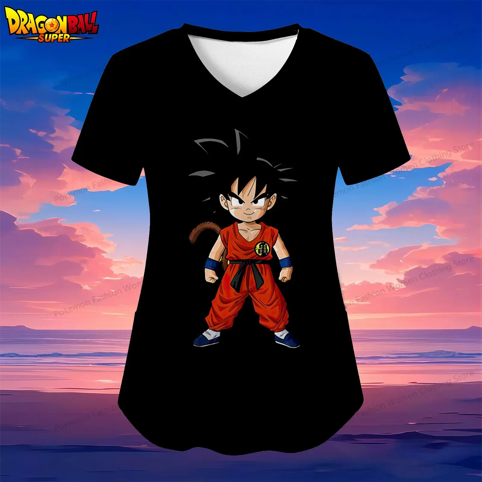 

Pocket Dragon Ball Kakarotto Women's V Neck Nurse Uniform T-Shirt S-2XL Kawaii Y2k Street Wear 2024 Top Youthful Woman Clothes