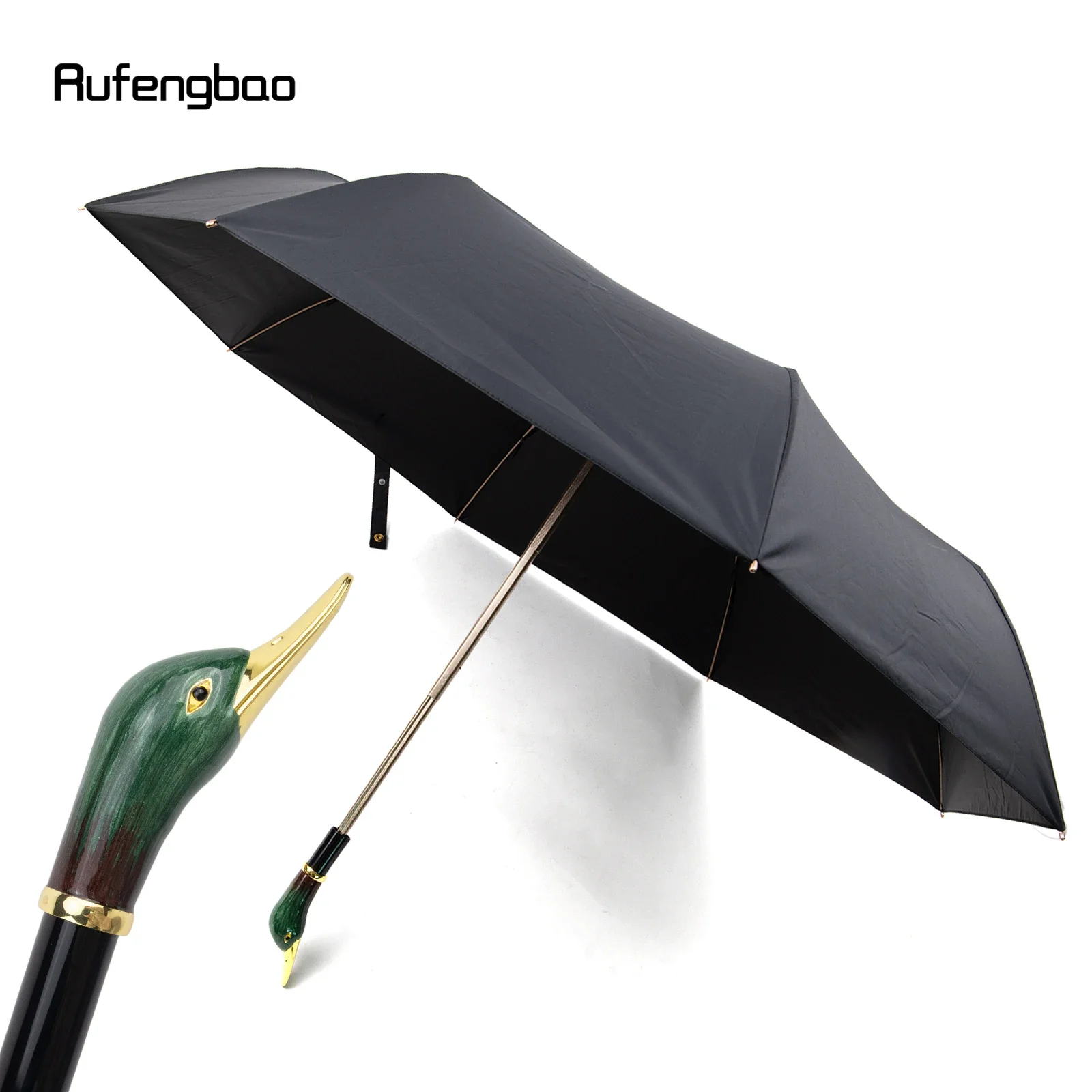 Green Duck Handle Women's Men's Umbrella, Automatic Umbrella, Folding UV Protection Sunny and Rainy Days Windproof Umbrella