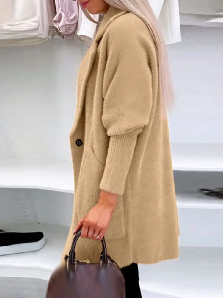 

Winter Elegant Button Solid Outercoats Autumn Fashion Lapel Collar Plush Coats Women's Casual Pocket Long Sleeve Loose Jackets