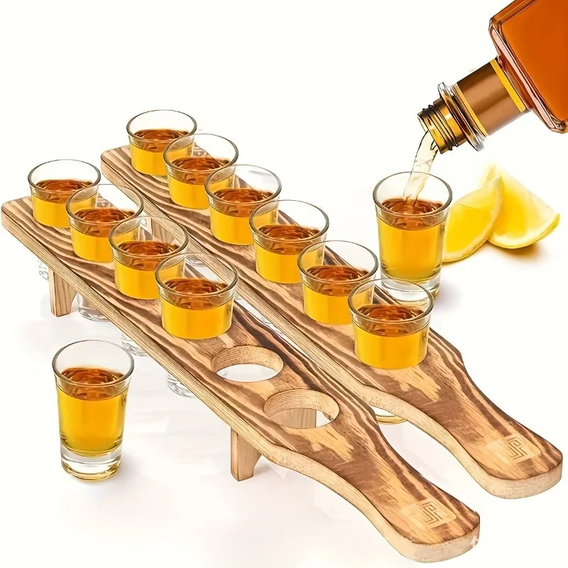 

4pcs Wine Trays Set Wooden Cocktail Mixing Plate Shot Glass Tray Tequila and Cocktail Tasting Wooden Stand Dispenser Glass Rack