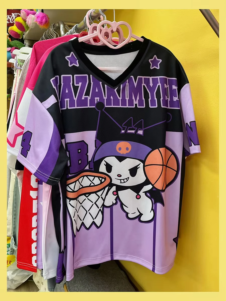 2025 جديد سانريو مرحبا كيتي ملابس رياضية المرأة الخامس الرقبة فضفاضة عادية خفيفة الوزن تنفس موضة تي شيرتات قصيرة الاكمام