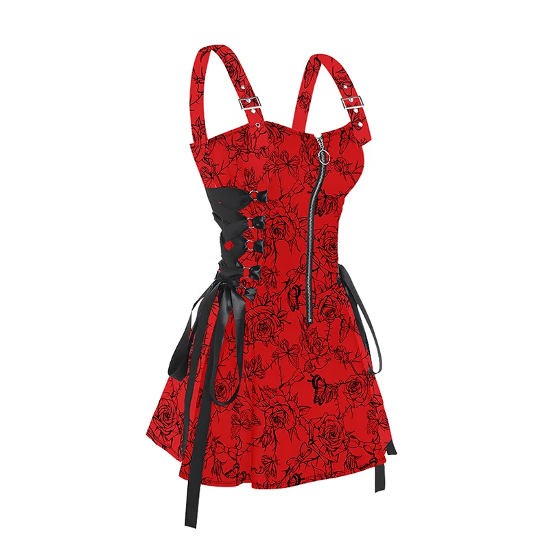 Women Summer Dresses Lace Up Half Zipper Mini Dress Rose Butterfly Print Buckle Strap Dress Sleeveless Red Dresses