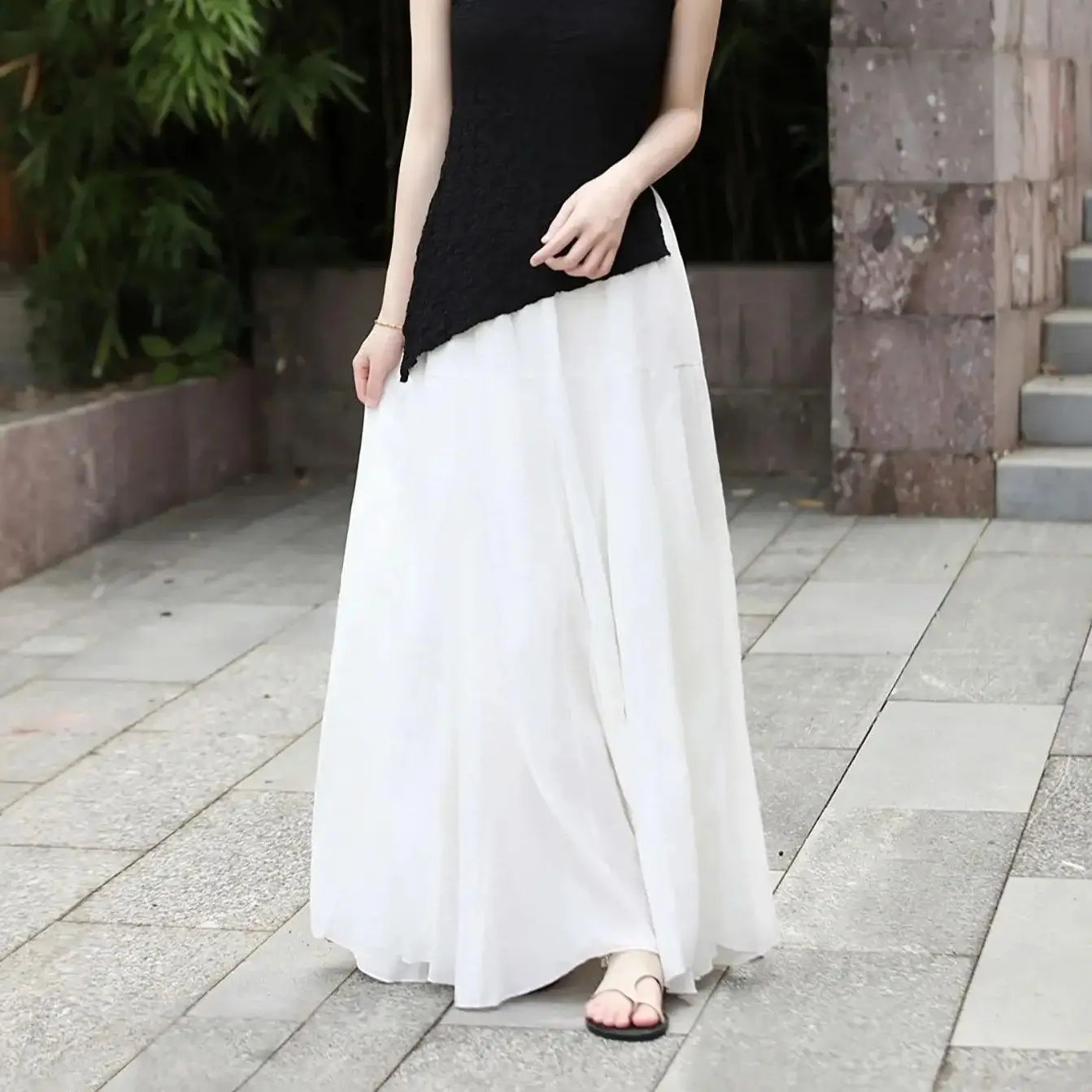 

LZJN Осенняя двухслойная широкая юбка-миди из чистого хлопка с эластичной резинкой на талии, однотонная, элегантный повседневный стиль, дизайн трапециевидной формы.