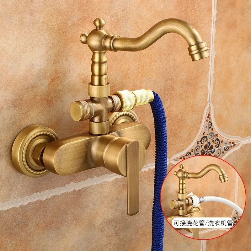 All-copper retro hot and cold European-style double-hole balcony antique washbasin bathtub mixed water valve