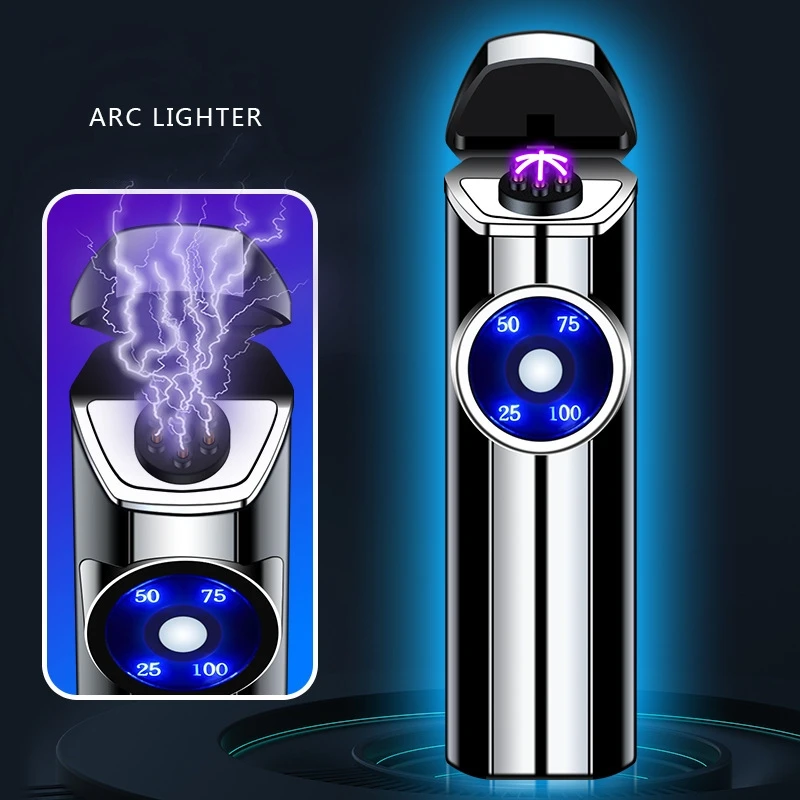 Hot Electric USB Charging Windproof Pulse Double Arc Plasma Metal Lighter Flashlight LED Display Wolf Proof God High End Gift