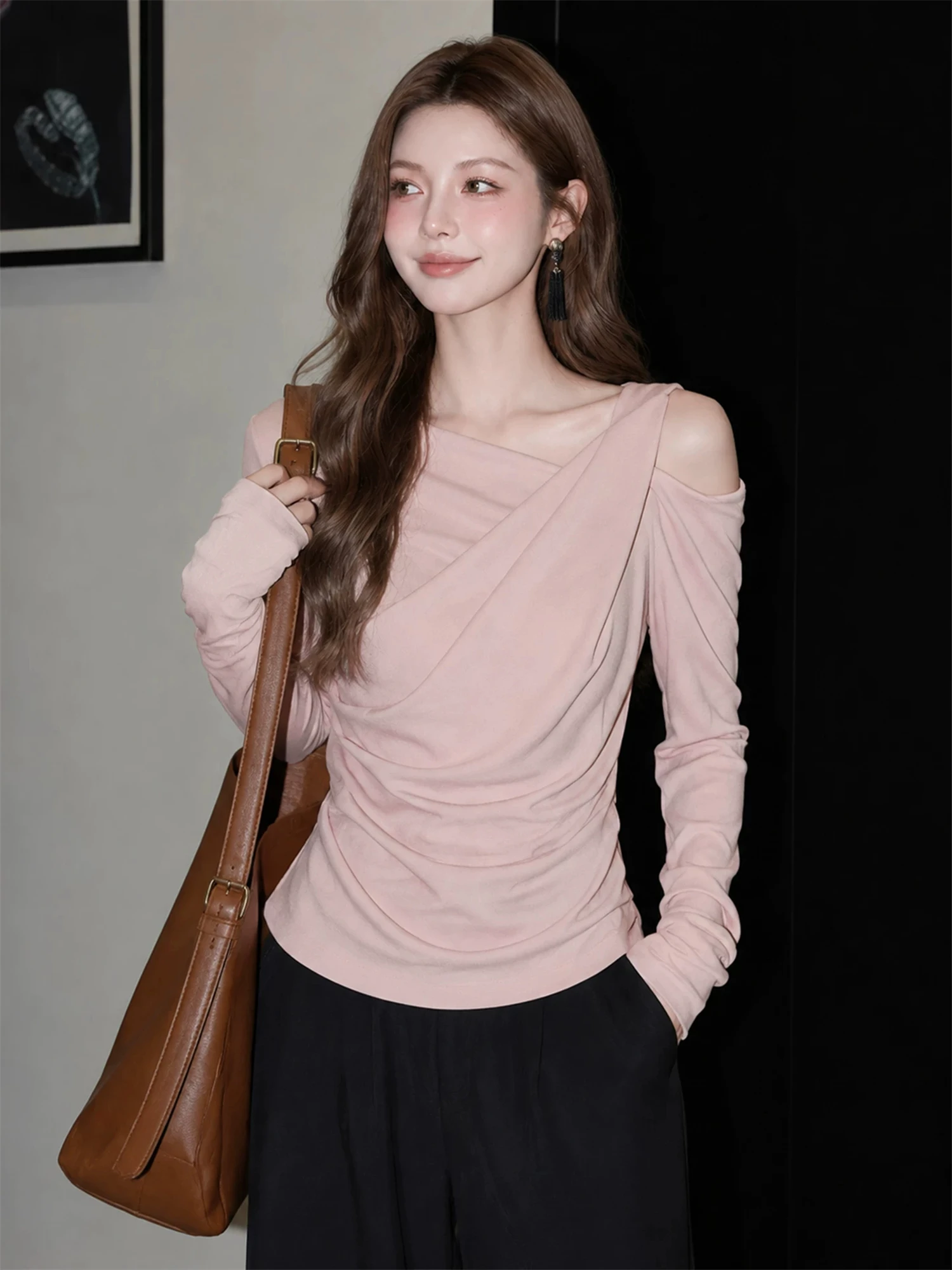Vintage French Asymmetrical Cold Shoulder Draped Long Sleeve Top Women Ruched Waist Slim Fit Retro Casual Ladies Blouse