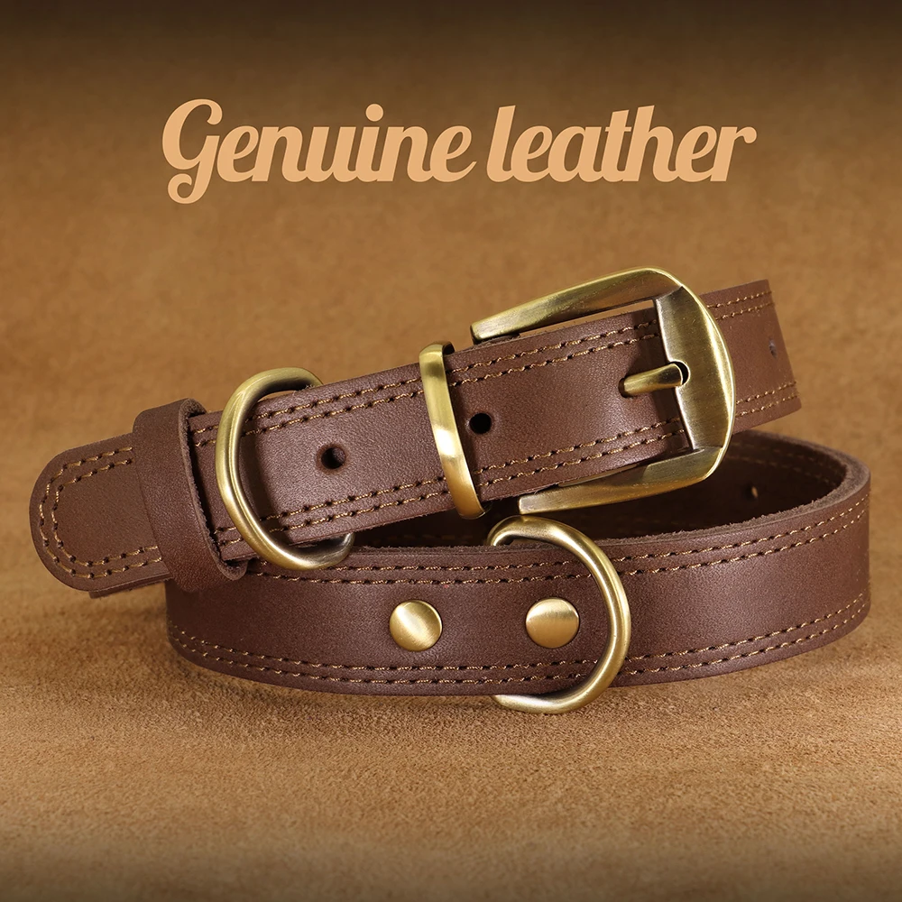 Genuine Leather Dog Collar Real Leather Durable Puppy Collars with Sturdy for Small Medium Large Dogs Pitbull Pug Brown Black