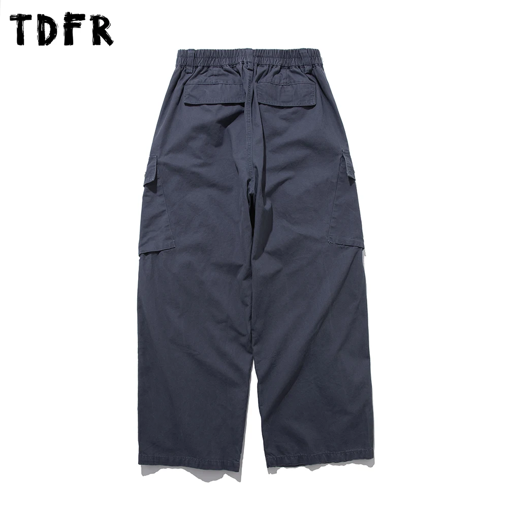 Multi-Pocket Pleated Cargo Pants Mens Spliced Solid Color  Safari Style Retro Baggy Wide Leg Elastic Waist Trousers Man