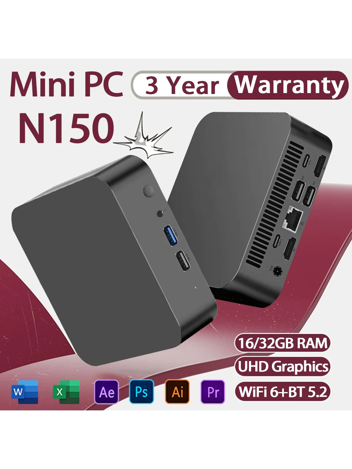 Mini PC N150 Core i3 6100U 16GB/32GB RAM 1TB/2TB SSD Draagbare computer Windows 11 WIFI6 BT5.2 4K HD kantoor pc Gamer - afbeelding 2