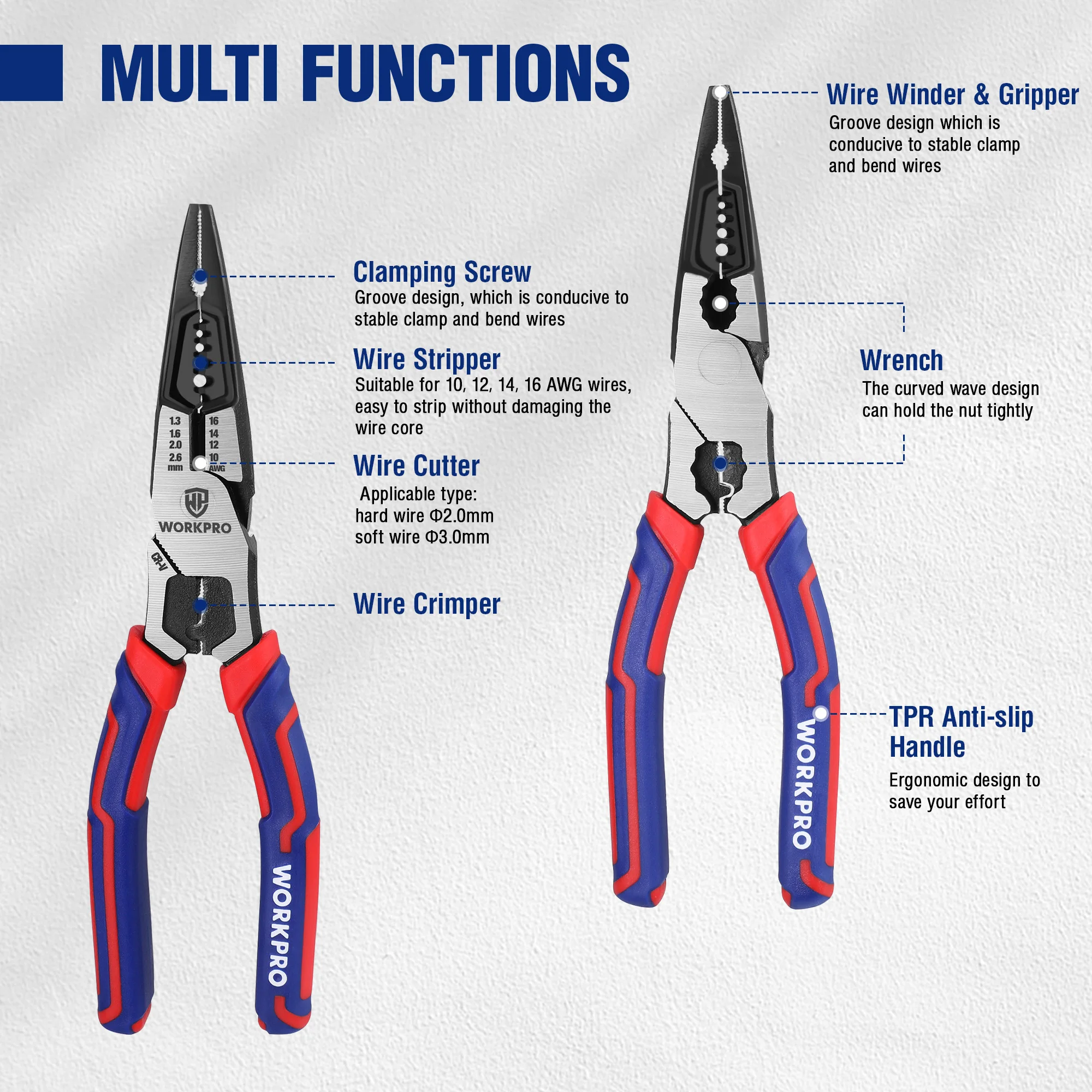 WORKPRO Needle Nose Pliers Hardware Tools Universal Wire Cutters Electrician Multifunctional Universal Diagonal Pliers