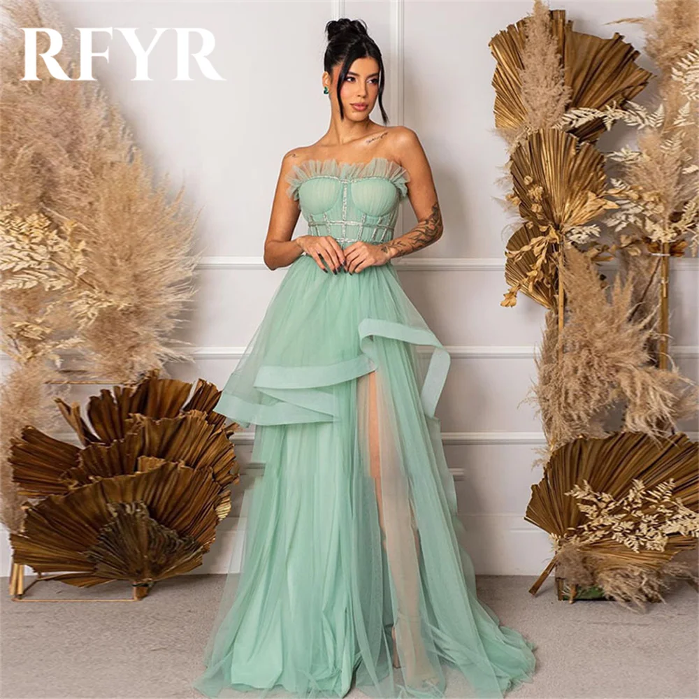 

RFYR Mint Green Prom Dress Sweetheart Evening Party Dress A Line Dress Floor Length Tulle Vestido Formal Party Gowns Customized