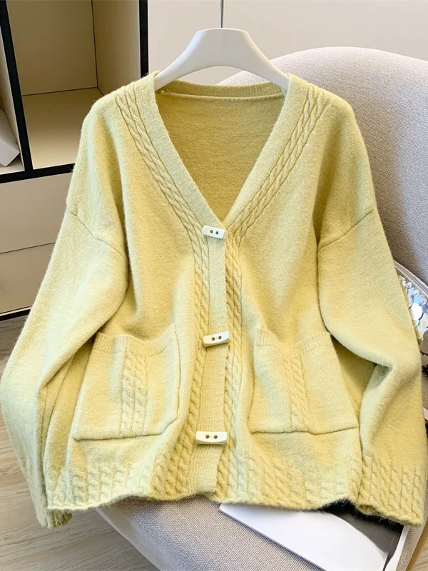 Senhoras tamanho grande camisola de malha inverno casual sle artístico preguiçoso sle botão até longo sve v ne cor malhas