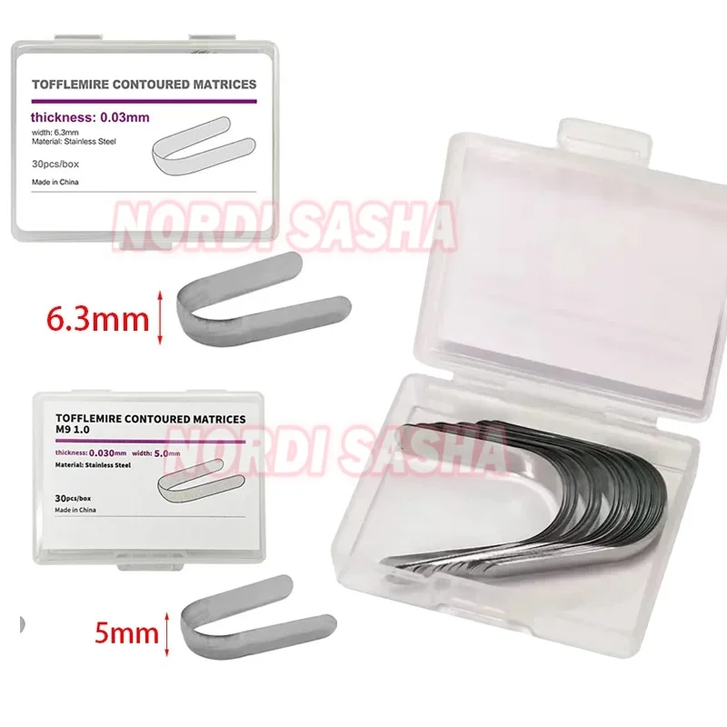 30Pcs/Box  Dental Stainless Steel Tofflemire Contoured Matrices Double Contoured Matrix  Matrix Bands 0.03mm/0.038mm