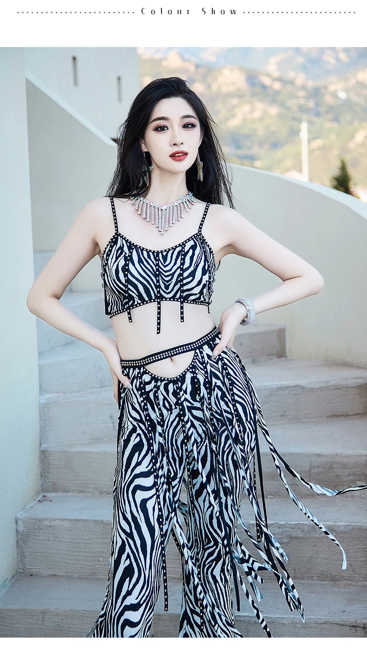 Traje de actuación de danza del vientre para mujer, conjunto sexy de borlas con estampado de leopardo, traje de práctica profesional de danza oriental para adultos