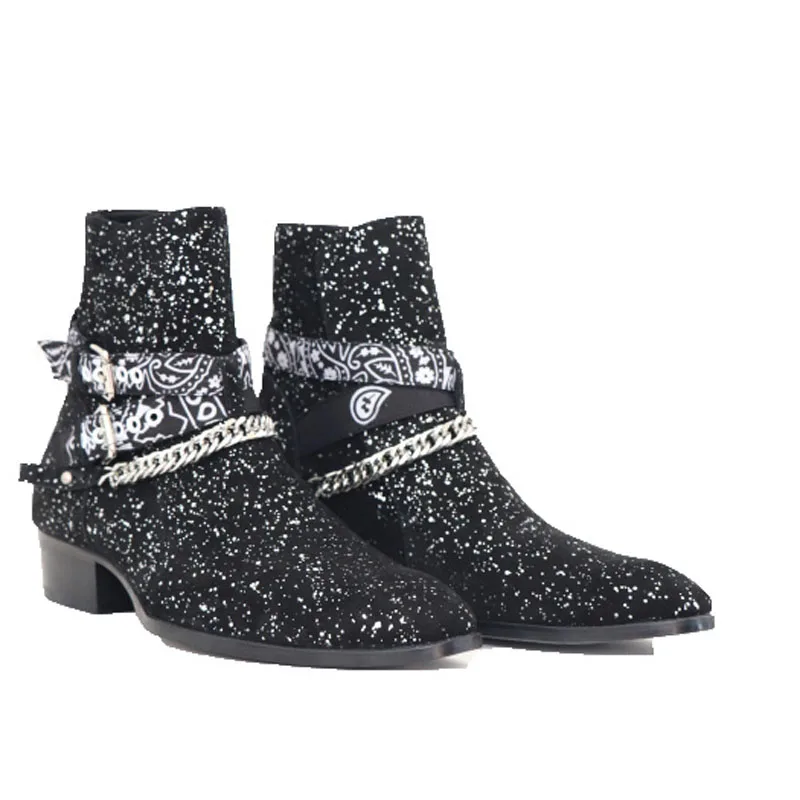 British Black Bling Sequins Buckle Floral Bandana Straps with Chains Ankle Boots Men Bling Square Heel slip on Short Boots