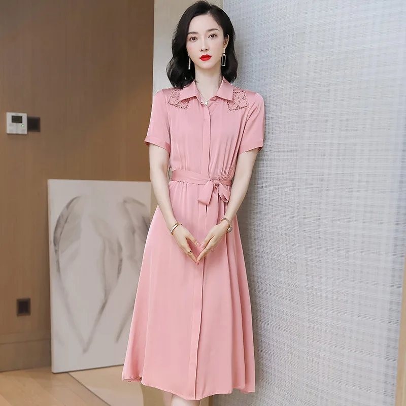 

9118 Silk Dress Women's 2024 Summer New Intellectual Fashion New Mid-Length Silk Shirt Skirt