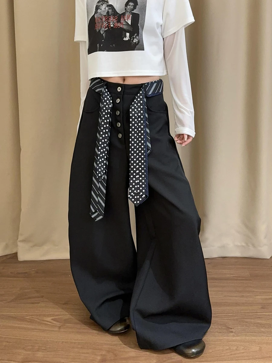 ReddaChic Pantalones de vestir de pierna ancha para mujer con bolsillos con lazo Pantalones palazzo con detalle de botones sueltos e informales para uso diario en la oficina