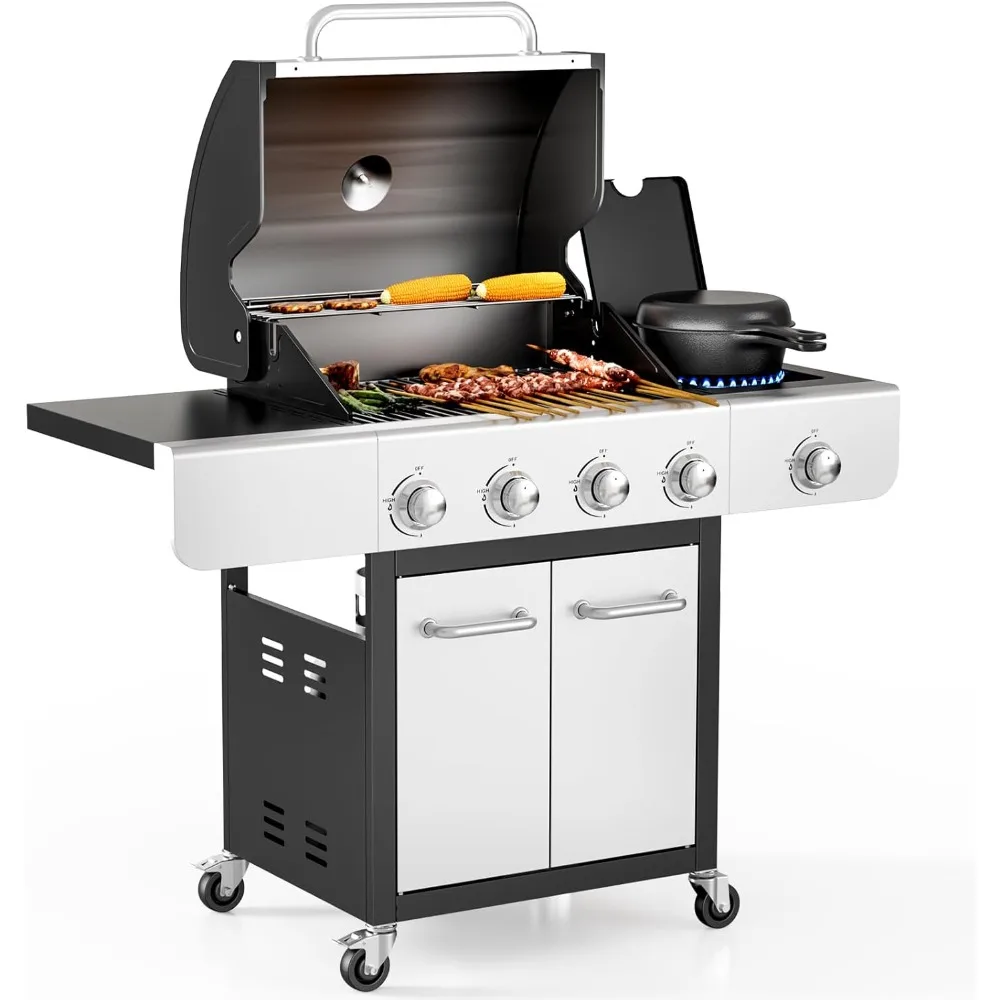 

4-Burner Propane Gas Grill with Side Burner, Stainless Steel 51,000 BTU BBQ Grill with 490 Sq. In. Grilling Area for Outdoor Co