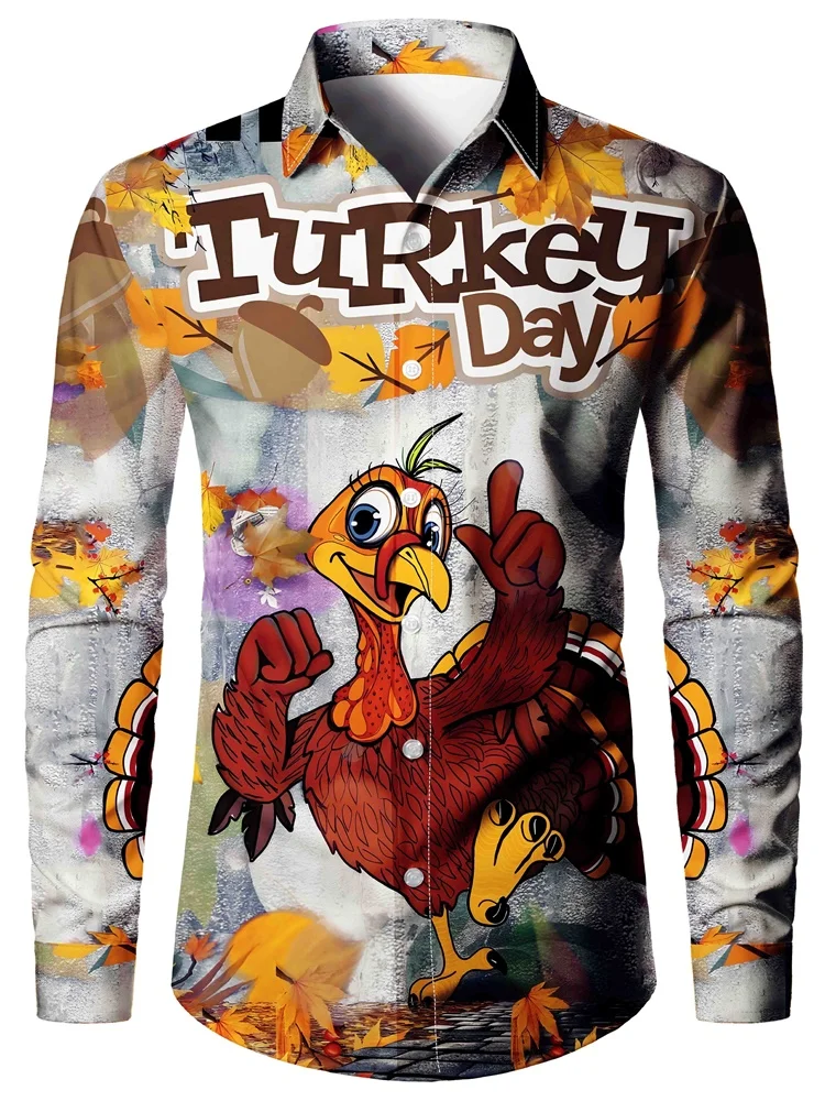 3D Cartoon Turkey Print Men's Lapel Shirt New Thanksgiving Men's Long Sleeve Shirt Street Fashion Men's Single Breasted Shirt