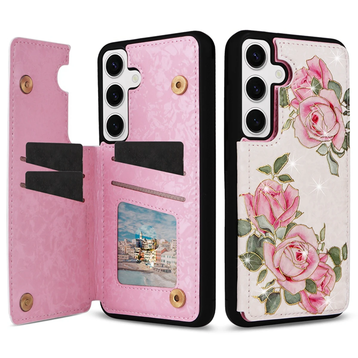 Hot Stamped Floral Pattern Double Buckle Card Slots Wallet Case for Samsung S24 S23 S22 S21 S24 Ultra S23FE S22 Plus S21 Plus