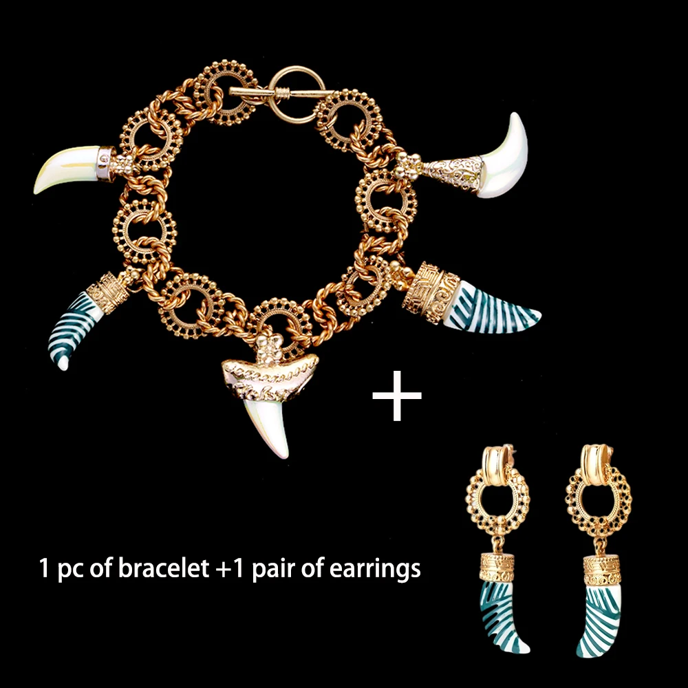 

Women Punk Lvory Charms Earring Bracelet Set Heavy Metal Bangles For Women Luxury Golden Stainless Steel enameled Jewellery