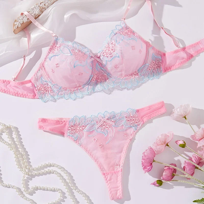 

Сексуальный комплект розового нижнего белья для девочек, эротическое белье с нежной вышивкой, необычное сетчатое нижнее белье, романтический прозрачный комплект с бюстгальтером и трусиками
