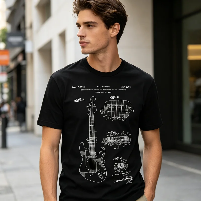 Electric Guitar Patent Print T Shirt Vintage Blueprint Graphic For Guitar Players And Music Lovers Unisex Soft Cotton Crew Neck