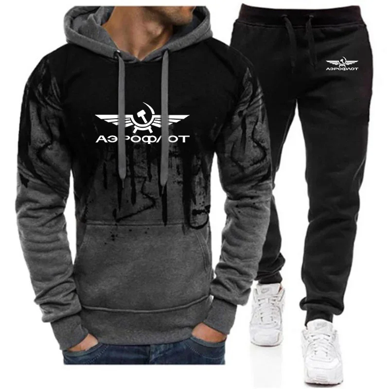 2024 Aeroflot Aviation Russe Logo Printing Spring Autumn Men's Gradation Color Hoodies+Sports Trousers High Quality 2 Piece Sets