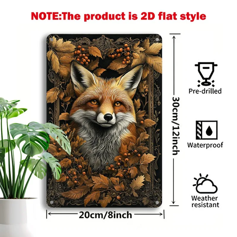 Decorative Aluminum Plaque: Exquisite Fox with Intricate Leaf and Berry Details, Perfect for Interior Wall Decoration, 7.9x11.8