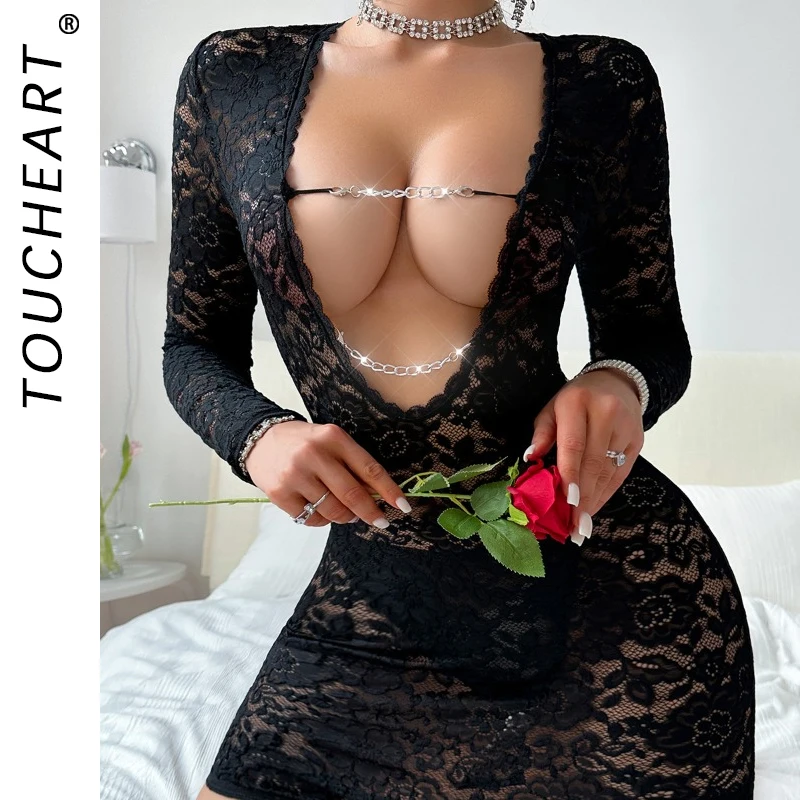 

Toucheart Sexy Mesh See-through Nightgown For Women Deep V-neck Lace Hollow Out Solid Color Long Sleeve Pajamas Underwear Set