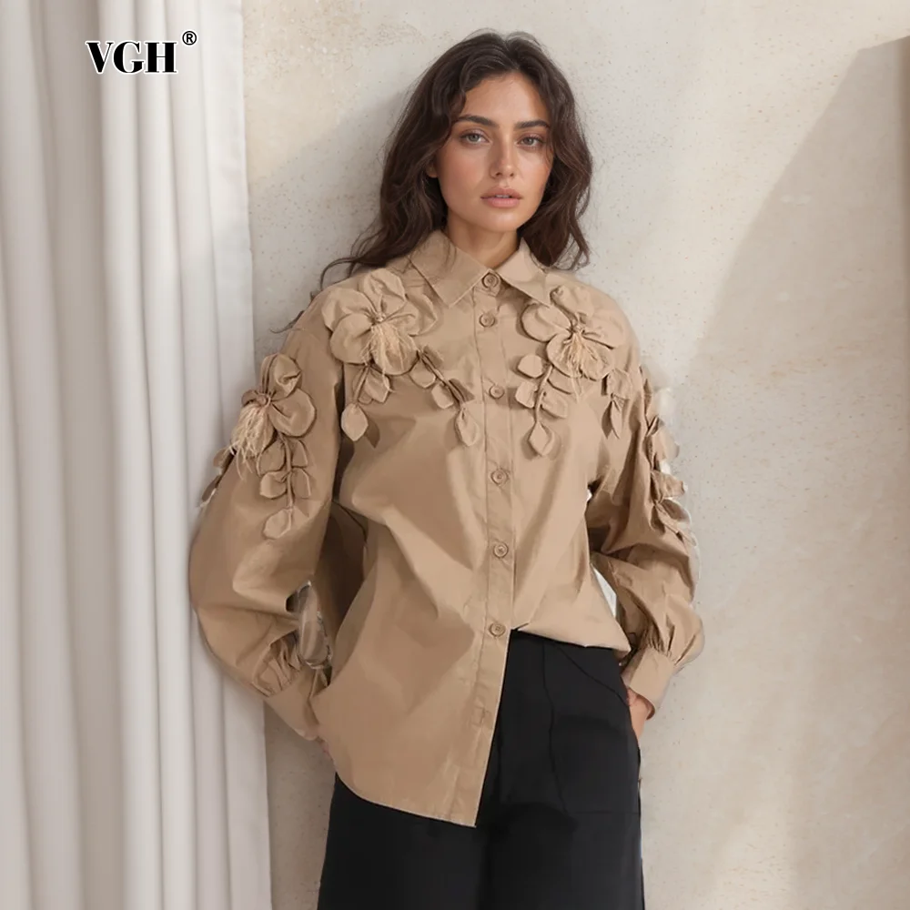 VGH Summer Patchwork Appliques Blouses For Women Lapel Long Sleeve Single Breasted Casual Loose Shirts Female Fashion 2024